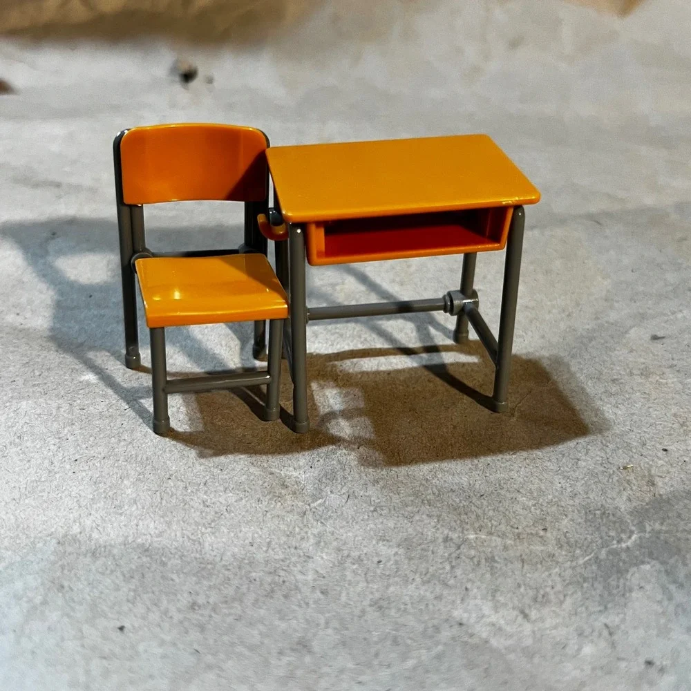 1:12 Scale Miniature School Desk and Chair Set Orange Grey Classroom